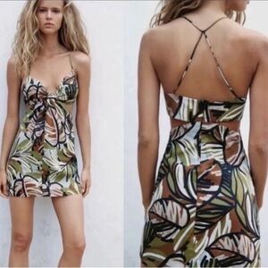 NEW Zara Tropical Block Print Cutout Linen Crisscross Spaghetti Strap Mini Dress